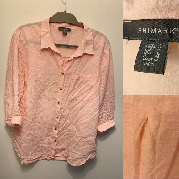 Primark Tops - Primark Women's 12 Long Sleeve Button Up Pink Shirt 100% Cotton Lightweight